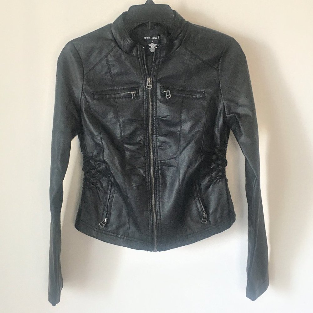 Wet Seal faux leather black moto jacket, s L (Jr)